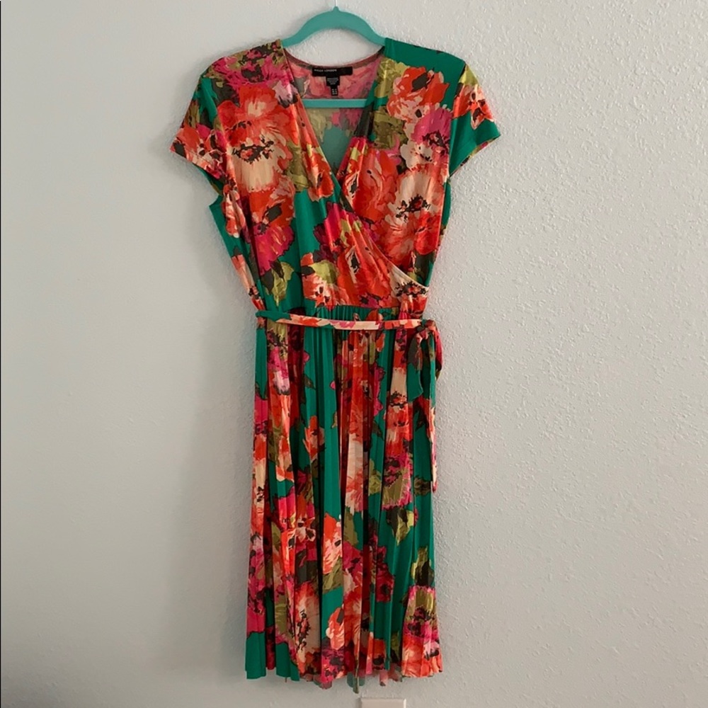 Maggy London Emerald Green Floral Wrap Midi Dress with Pink & Orange Blooms